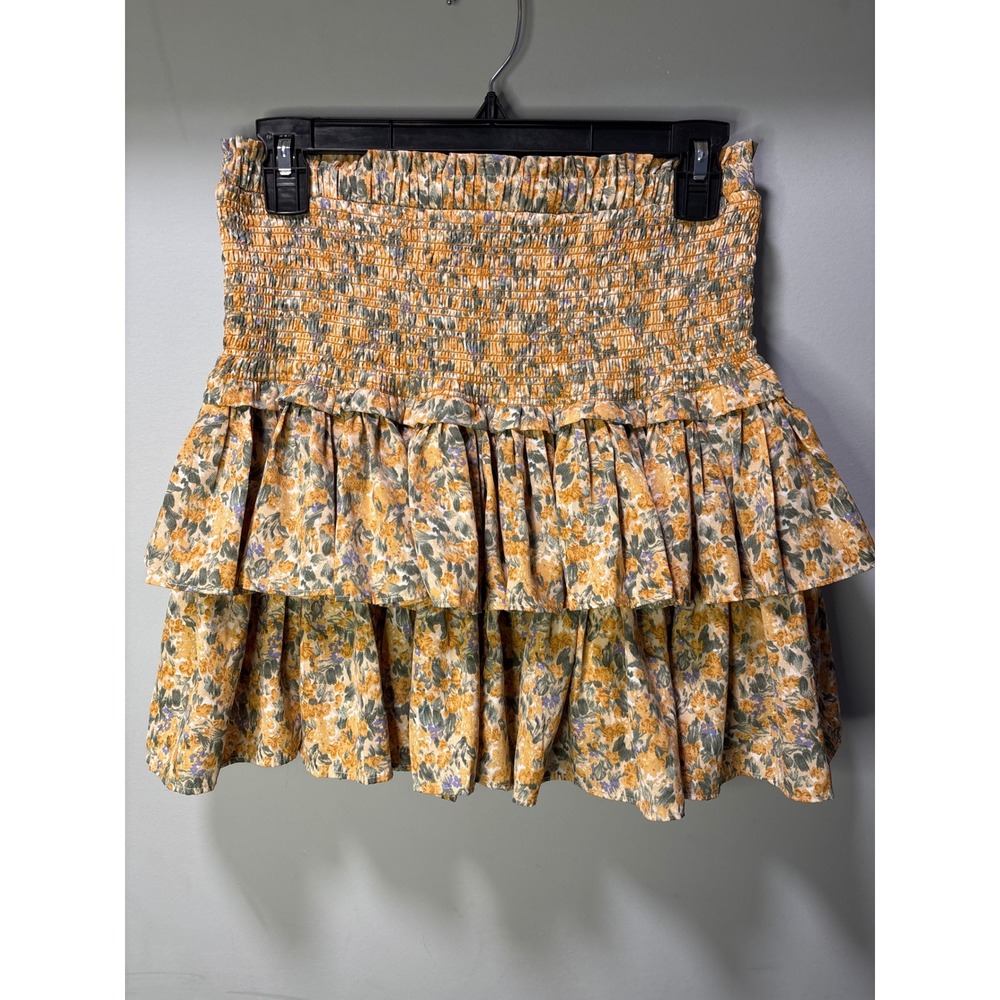NWOT RESET Floral Smocked Ruffle Tiered Mini Skirt Mustard Yellow Boho Large‎